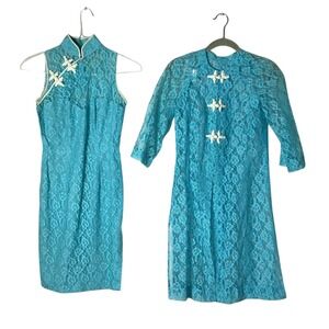 Lot Of 2 Womens‎ Blue Lace Sleeveless And Long Sleeve Slit Asian Style Dress